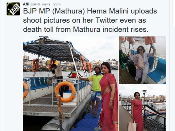 While Mathura is burning, local MP Hema Malini was busy tweeting about her new film While Mathura is burning, local MP Hema Malini was busy tweeting about her new film
