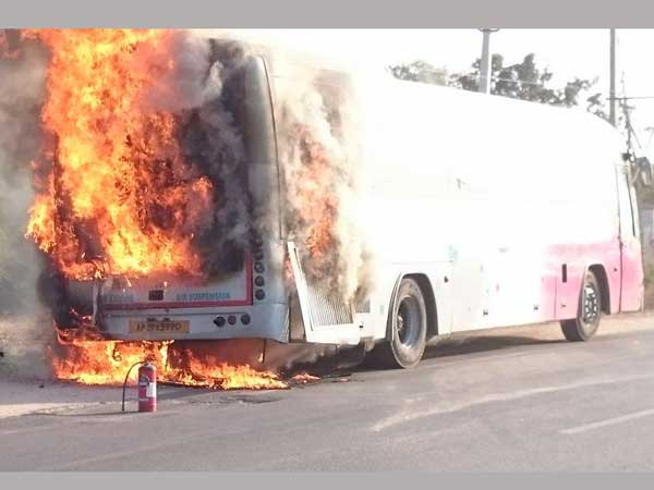 Garuda bus catches fire in Yadadri district Garuda bus catches fire in Yadadri district