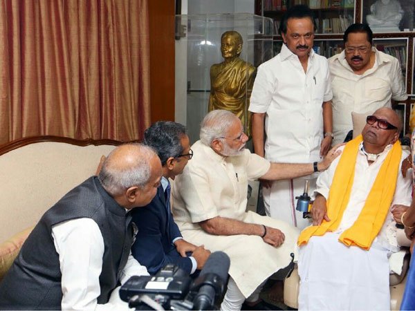 PM Narendra Modi meets DMK Chief Karunanidhi in Gopalapuram house in Chennai PM Narendra Modi meets DMK Chief Karunanidhi in Gopalapuram house in Chennai