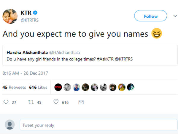 In your college Days, You have Girl Friends? An interesting question from a netizen to Minister KTR In your college Days, You have Girl Friends? An interesting question from a netizen to Minister KTR