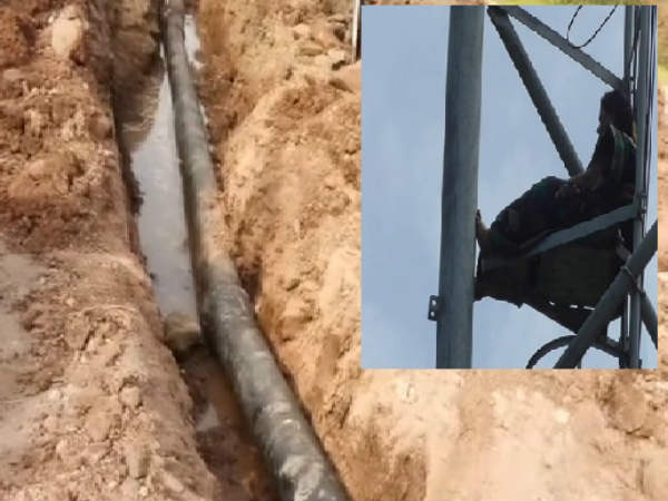 Woman climbs cell tower against Aqua Park Pipeline works Woman climbs cell tower against Aqua Park Pipeline works