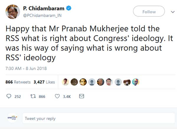 Congress leader P Chidambaram lauds former President Pranab Mukherjees speech at RSS event Congress leader P Chidambaram lauds former President Pranab Mukherjees speech at RSS event