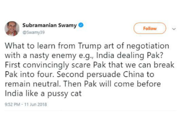 India Should deal Pak as how trump dealt with Kim tweets swamy India Should deal Pak as how trump dealt with Kim tweets swamy