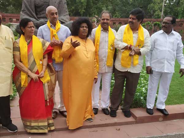 tdp mps protest at Gandhi statue in parliament compound tdp mps protest at Gandhi statue in parliament compound