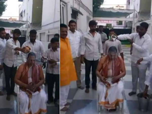 TRS MP Mallareddy celebrates his birthday with milkbath TRS MP Mallareddy celebrates his birthday with milkbath