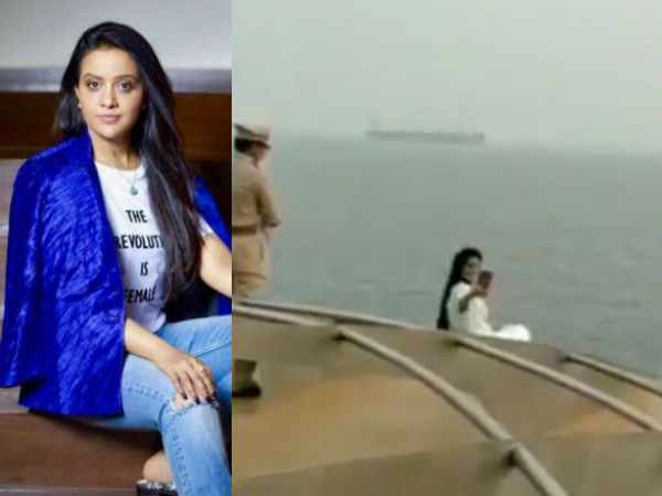 Amruta Fadnavis takes risky selfie on ship in Mumbai, apologises Amruta Fadnavis takes risky selfie on ship in Mumbai, apologises