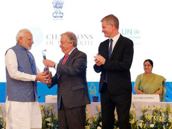 PM Modi recieves UN award from Secretary General Antonio Guterres PM Modi recieves UN award from Secretary General Antonio Guterres