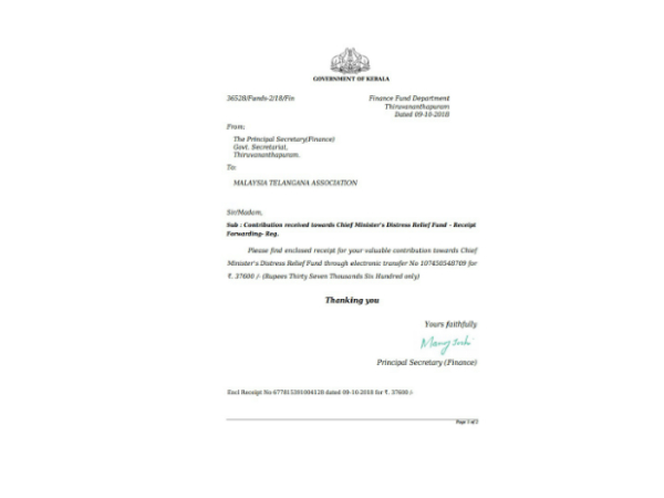 Malaysia Telangana Association donation for Kerala CM relief fund Malaysia Telangana Association donation for Kerala CM relief fund