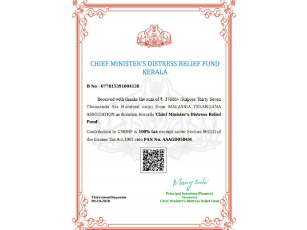 Malaysia Telangana Association donation for Kerala CM relief fund Malaysia Telangana Association donation for Kerala CM relief fund