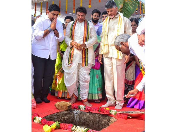 Laying foundation ceremony for Basava tharakam indo americal cancer hospital held at Ap capital Amaravathi area Laying foundation ceremony for Basava tharakam indo americal cancer hospital held at Ap capital Amaravathi area