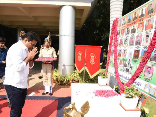 ktr tributes to pulwama martyrs and gave 50 lakh rupees cheque ktr tributes to pulwama martyrs and gave 50 lakh rupees cheque