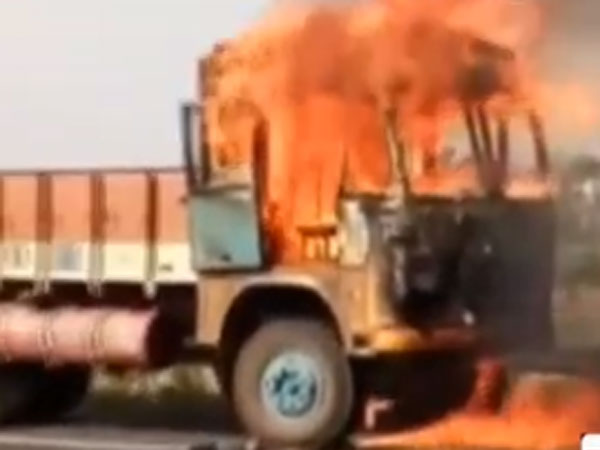 a running lorry burned on outer ring road in hyderabad a running lorry burned on outer ring road in hyderabad