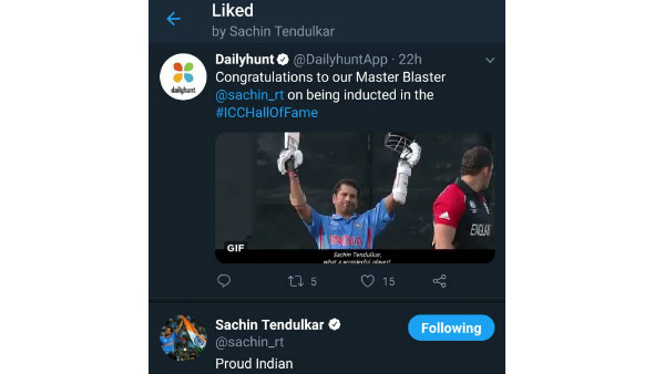 Cricket God Sachin gives a like to the leading news app Dailyhunt Cricket God Sachin gives a like to the leading news app Dailyhunt