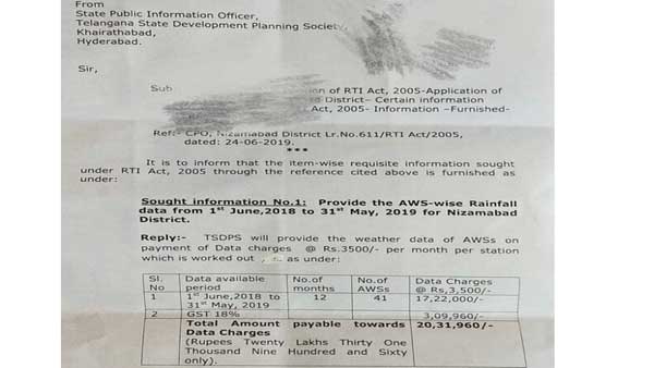 Rs 20 lakh asked for information about rainfall data by RTI Rs 20 lakh asked for information about rainfall data by RTI