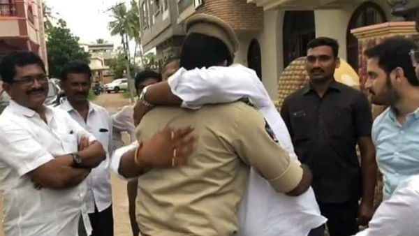 YSRCP MLA Jakkampudi Raja hugged with Sub Inspector, who attacked earlier YSRCP MLA Jakkampudi Raja hugged with Sub Inspector, who attacked earlier