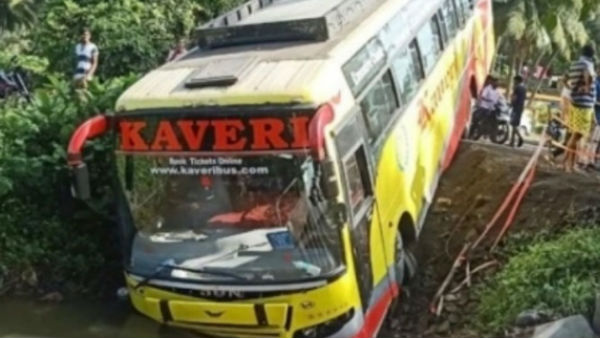 Driver in Sleepover... kaveri travels bus plunged into canal Driver in Sleepover... kaveri travels bus plunged into canal