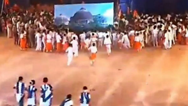 School Students of Karnataka enact Babri demolition, Union Minister Sadanand Gowda and Kiran Bedi looks on School Students of Karnataka enact Babri demolition, Union Minister Sadanand Gowda and Kiran Bedi looks on