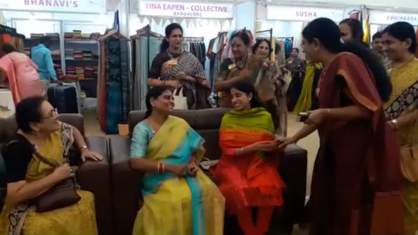 AP Chief Minister YS Jagan Mohan Reddy mother Vijayamma and Wife Bharati visits AP Crafts council handloom exhibition AP Chief Minister YS Jagan Mohan Reddy mother Vijayamma and Wife Bharati visits AP Crafts council handloom exhibition
