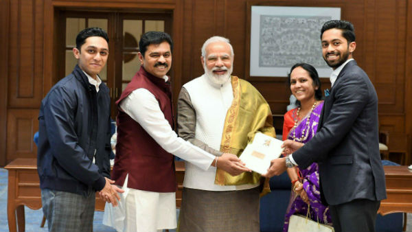 BJP MP CM Ramesh meets PM Modi along with his family BJP MP CM Ramesh meets PM Modi along with his family