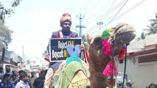 Kerala: A groom arrives for wedding on camel with a placard to protest against CAA Kerala: A groom arrives for wedding on camel with a placard to protest against CAA