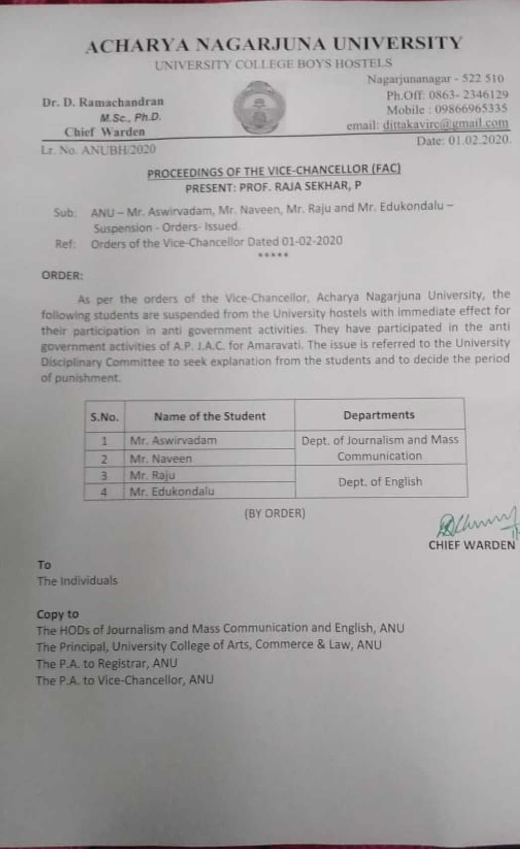 Acharya Nagarjuna University suspends four students over ‘Save Amaravati’ protest Acharya Nagarjuna University suspends four students over ‘Save Amaravati’ protest