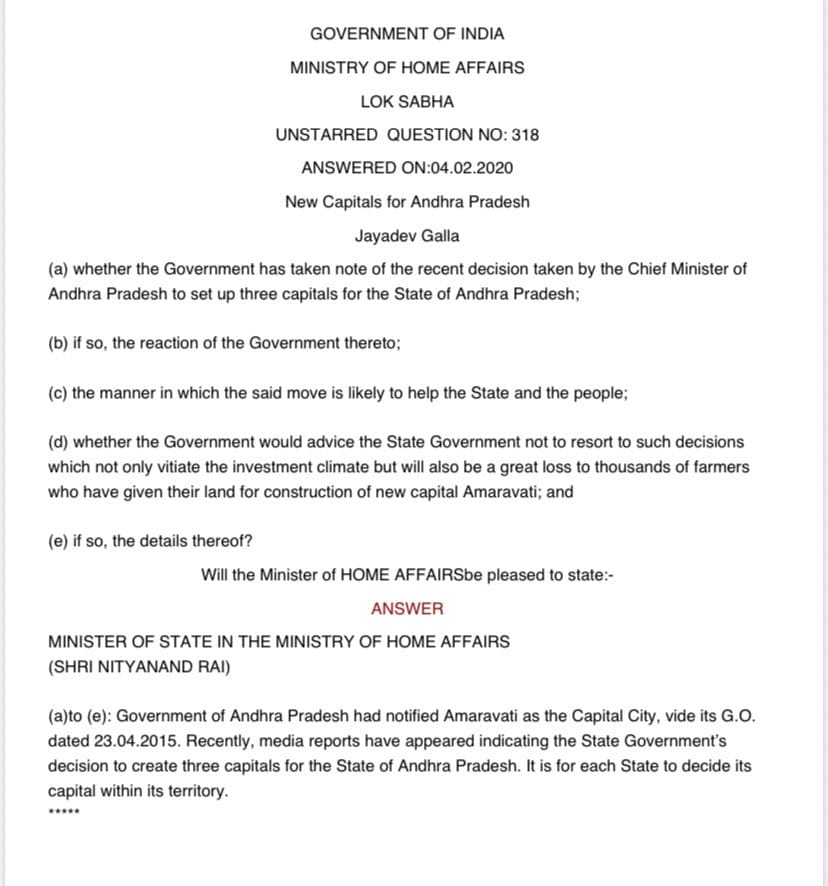 Each State to decide its Capital within its territory, says MHA on AP Decentralisation Bill Each State to decide its Capital within its territory, says MHA on AP Decentralisation Bill