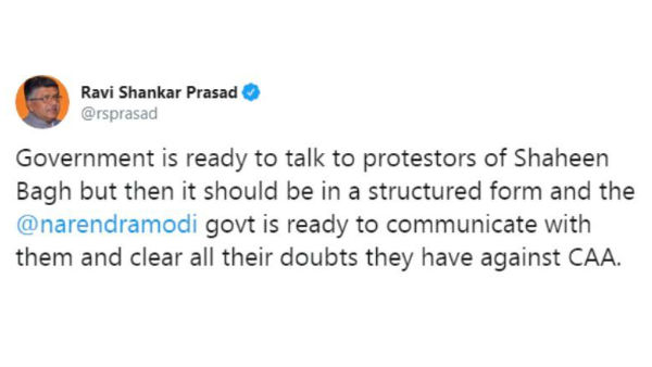 Modi govt ready to talk to Shaheen Bagh protestors: Ravi Shankar Prasad Modi govt ready to talk to Shaheen Bagh protestors: Ravi Shankar Prasad
