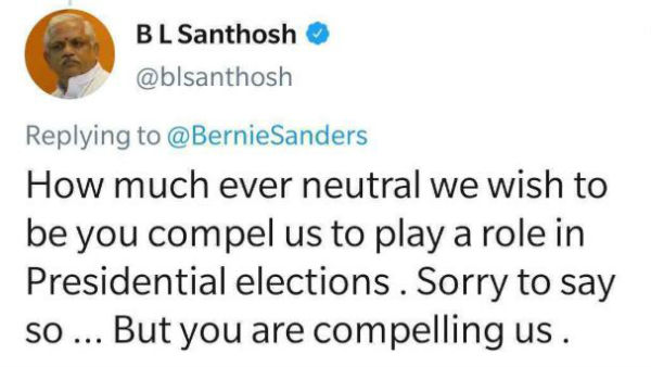 BJP leader Santosh counters Sanders, says Indians will interfere in US polls BJP leader Santosh counters Sanders, says Indians will interfere in US polls