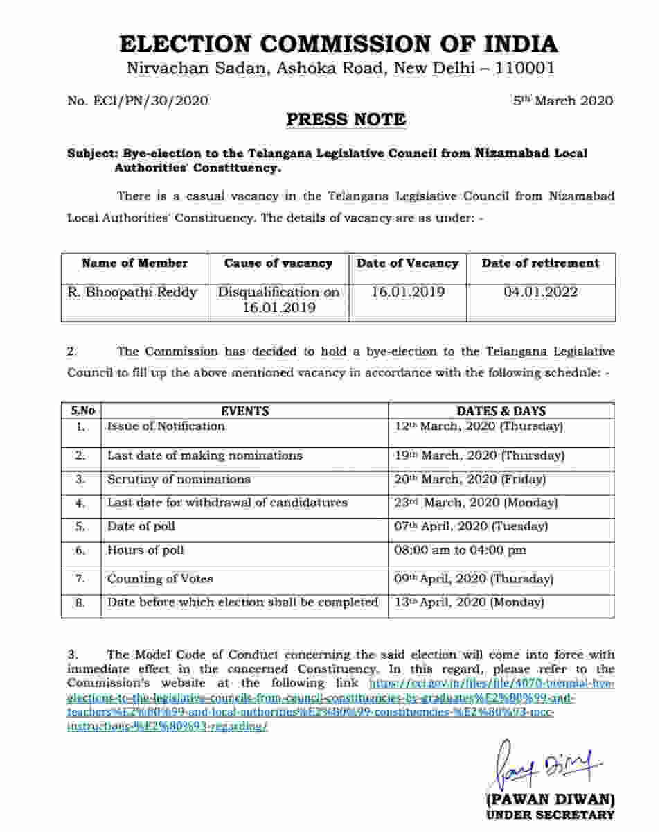 Election commission releases nizamabad mlc bypoll schedule Election commission releases nizamabad mlc bypoll schedule