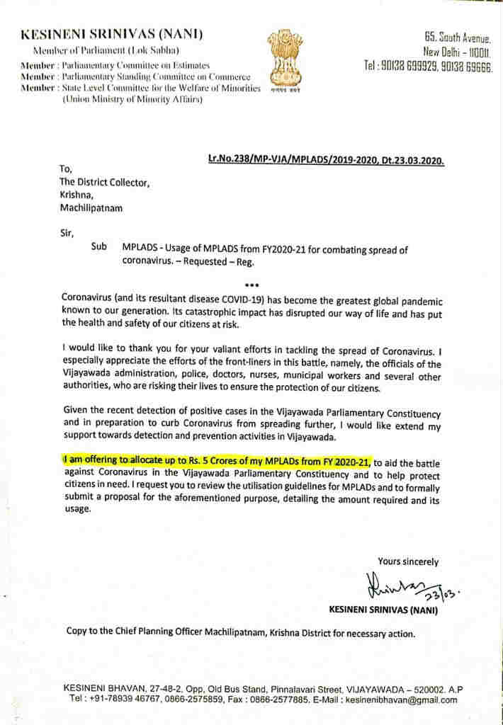 TDP MP Kesineni Nani allocates Rs 5 Cr to combat Covid-19 from his MPLADS funds TDP MP Kesineni Nani allocates Rs 5 Cr to combat Covid-19 from his MPLADS funds