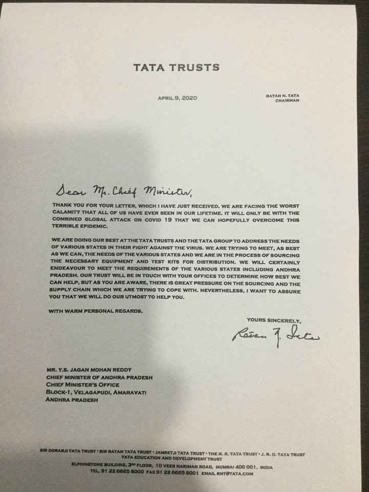 Ratan Tata promises to help Andhra Pradesh in COVID-19 fight, writes CM YS Jagan Ratan Tata promises to help Andhra Pradesh in COVID-19 fight, writes CM YS Jagan