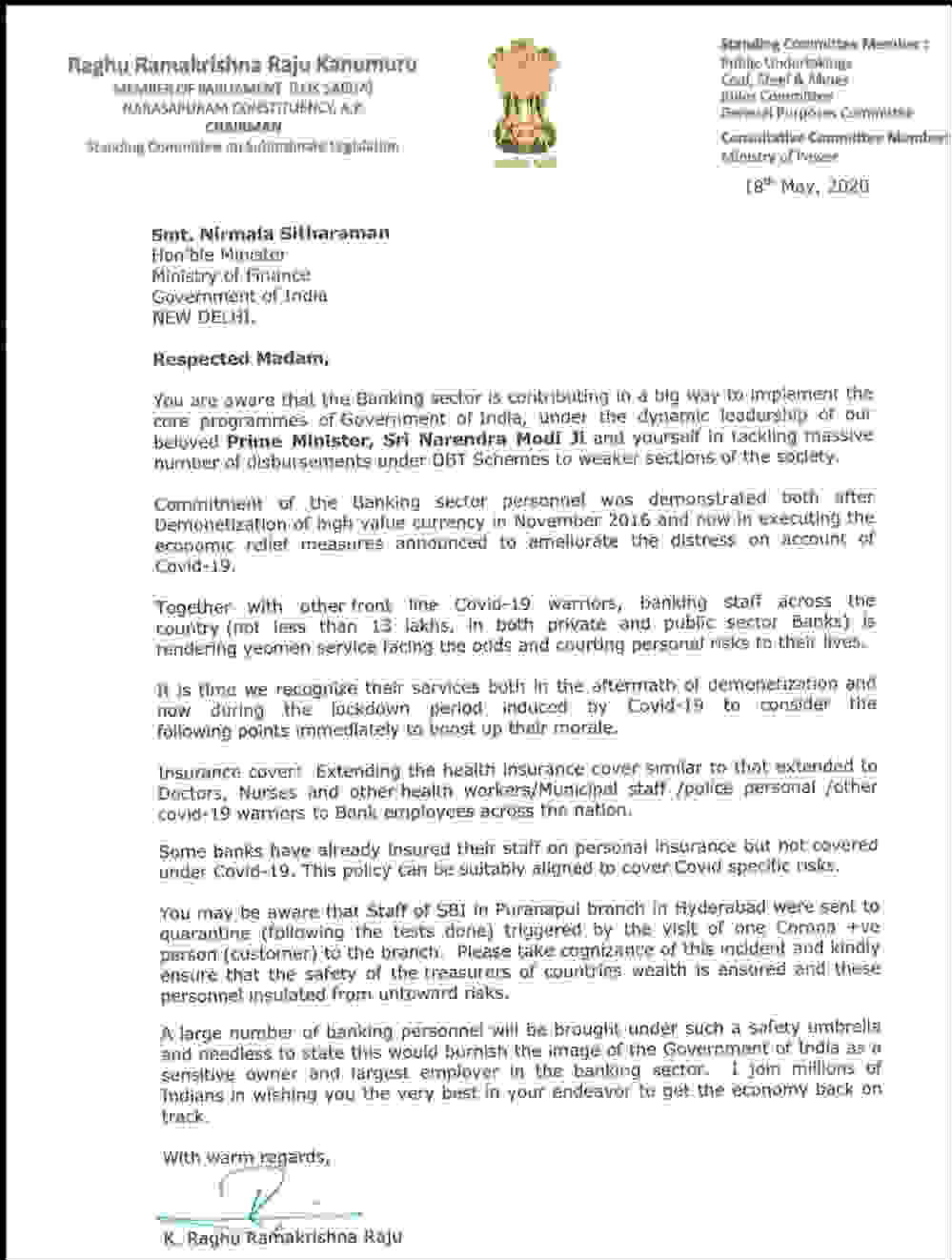 YSRCP MP Raghurama Krishnamraju writes to FM Nirmala Sitharaman YSRCP MP Raghurama Krishnamraju writes to FM Nirmala Sitharaman