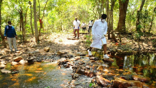 YSRCP MLA Biyyapu Madhusudhan Reddy trekking in forest to reach tribal people YSRCP MLA Biyyapu Madhusudhan Reddy trekking in forest to reach tribal people