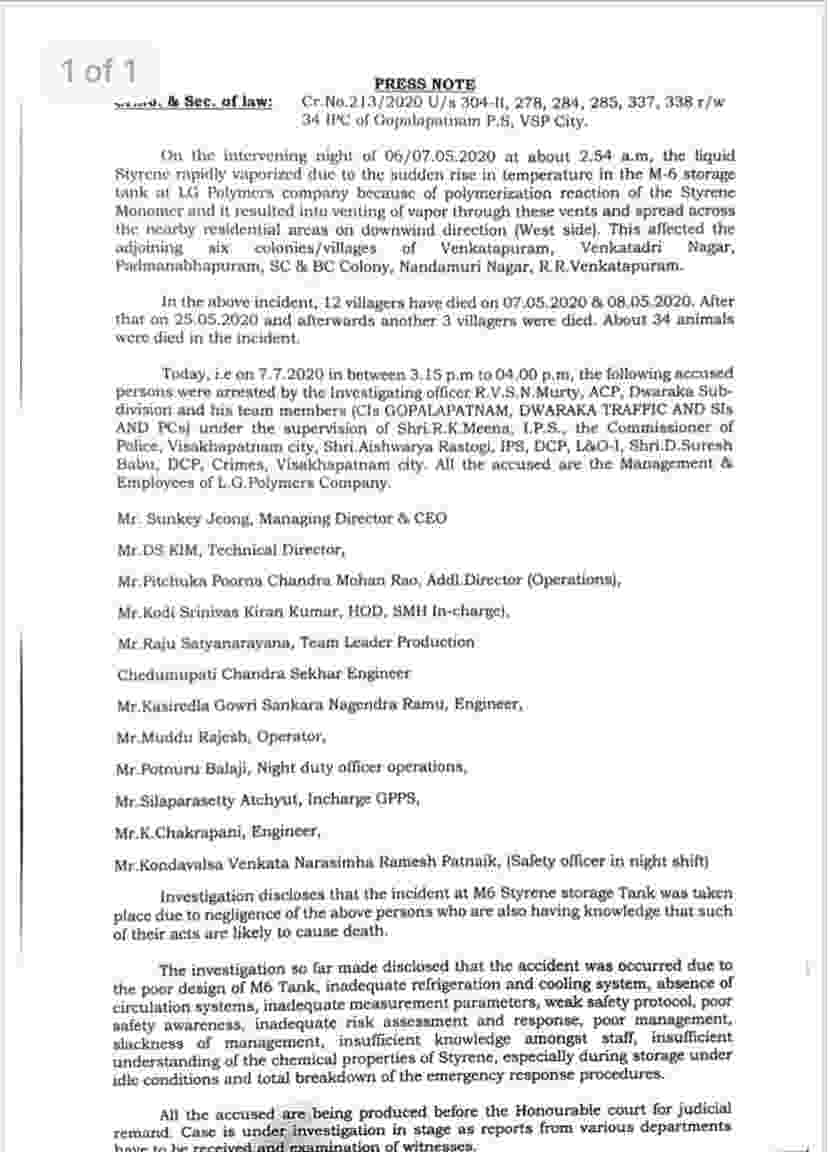 LG Polymers CEO Sunkey Jeong and 11 others arrested in gas leakage LG Polymers CEO Sunkey Jeong and 11 others arrested in gas leakage