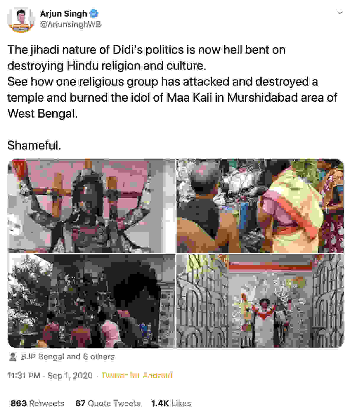 Fact Check: Burnt Kali idol photo goes viral, BJP MP Arjun Singh tweets Fact Check: Burnt Kali idol photo goes viral, BJP MP Arjun Singh tweets