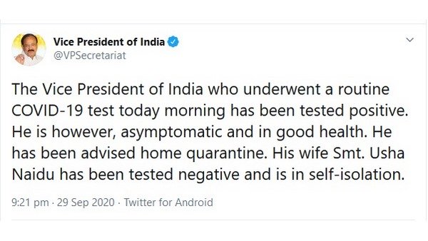 Vice President Venkaiah Naidu tests positive for COVID-19 Vice President Venkaiah Naidu tests positive for COVID-19