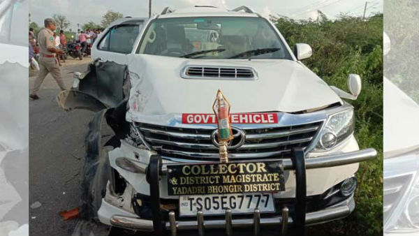 Dist Collector Anita Ramachandran escapes unhurt in road accident in Bhongir Dist Collector Anita Ramachandran escapes unhurt in road accident in Bhongir