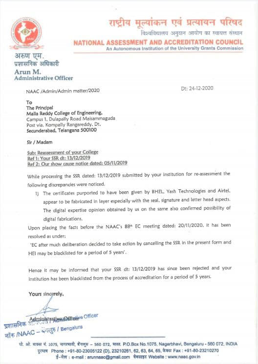 mallareddy engineering college into black list by naac mallareddy engineering college into black list by naac