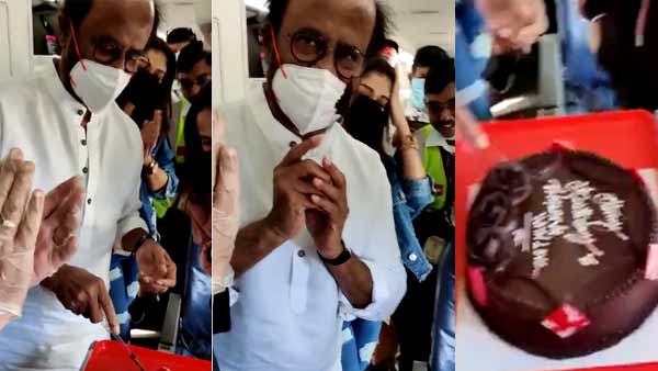 Rajinikanth cuts birthday cake in flight daughter Aishwarya and actress Nayanthara wish him Rajinikanth cuts birthday cake in flight daughter Aishwarya and actress Nayanthara wish him