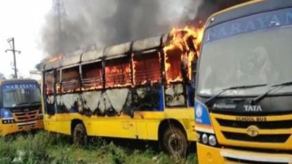 Narayana College buses burnt in fire at Pendurthi near Visakhapatnam Narayana College buses burnt in fire at Pendurthi near Visakhapatnam