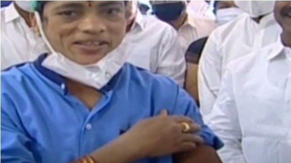 sanitation worker krishnamma took covid vaccine at gandhi hospital. sanitation worker krishnamma took covid vaccine at gandhi hospital.