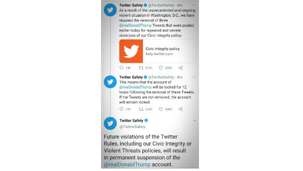 Twitter locks account of US President Donald Trump for 12 hours following removal of three of his tweets. Twitter locks account of US President Donald Trump for 12 hours following removal of three of his tweets.