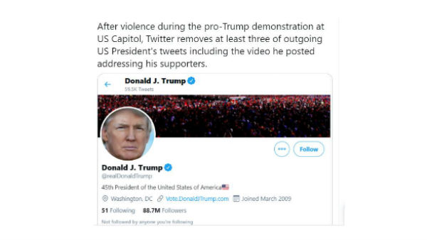 Twitter locks account of US President Donald Trump for 12 hours following removal of three of his tweets. Twitter locks account of US President Donald Trump for 12 hours following removal of three of his tweets.