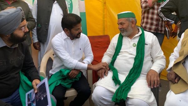 farmers protest: Congress MP Revanth Reddy Meets Rakesh Tikait and invites him to Telangana farmers protest: Congress MP Revanth Reddy Meets Rakesh Tikait and invites him to Telangana