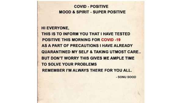 Sonu Sood tests positive for Covid-19 Sonu Sood tests positive for Covid-19