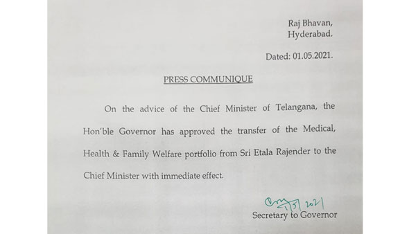 Governor decision: Health Ministry transformed to CM KCR from Etala Rajender Governor decision: Health Ministry transformed to CM KCR from Etala Rajender