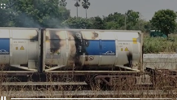 peddapalli fire broke out in a goods train transporting oxygen tanker peddapalli fire broke out in a goods train transporting oxygen tanker