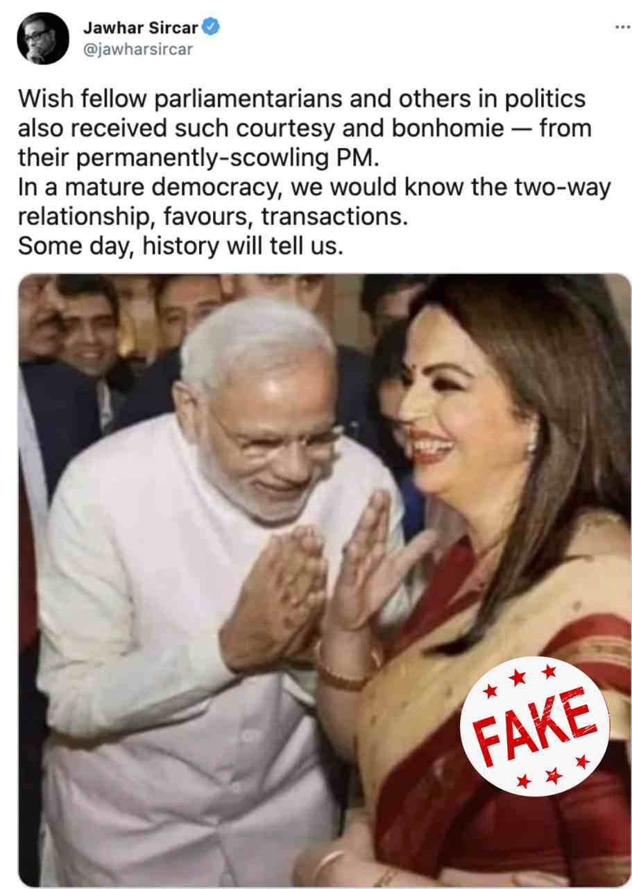Former Prasar Bharti CEO shares morphed image of PM Modi bowing before Nita Ambani Former Prasar Bharti CEO shares morphed image of PM Modi bowing before Nita Ambani