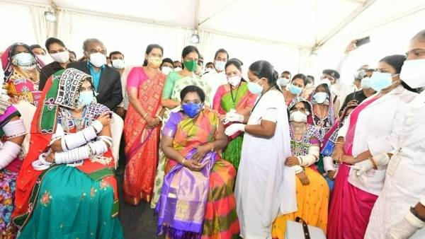 Telangana Governor Tamilisai taken second dose of Covid19 Vaccine at KC Thanda in Ranga Reddy Telangana Governor Tamilisai taken second dose of Covid19 Vaccine at KC Thanda in Ranga Reddy