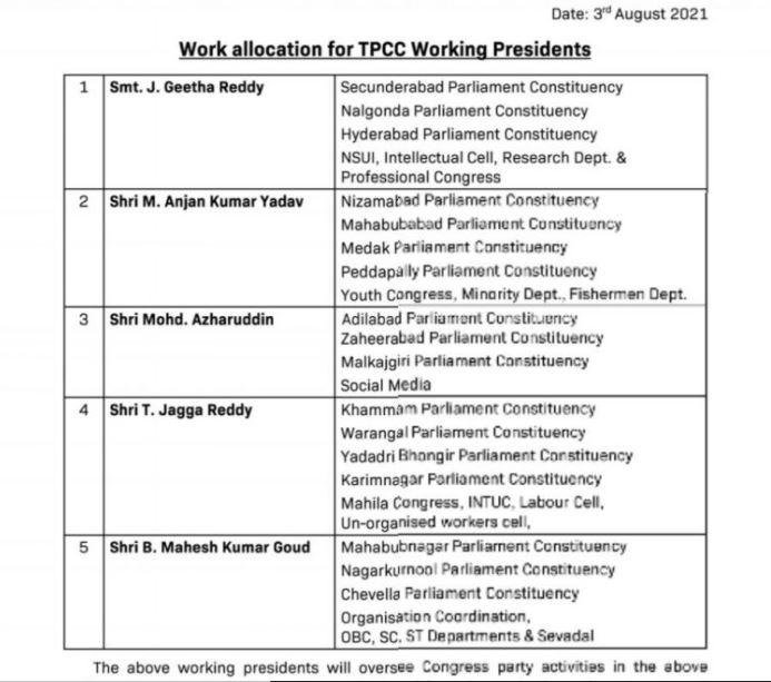 tpcc chief revanth reddy work allocation for party working presidents here is the list tpcc chief revanth reddy work allocation for party working presidents here is the list